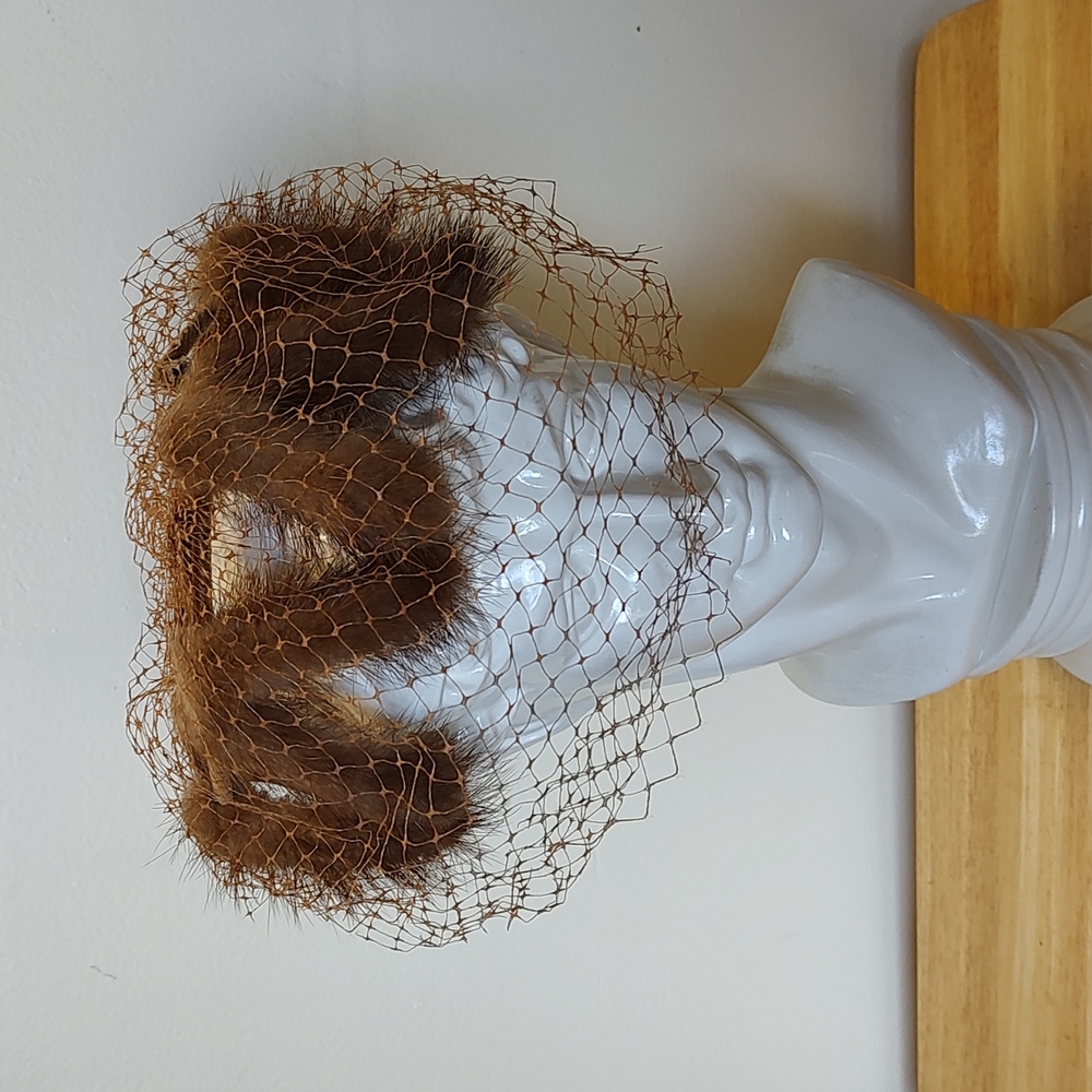 Vintage Mink Fur Fascinator. Brown Fur with Wide Silk Ribbon/Bow and Netting.